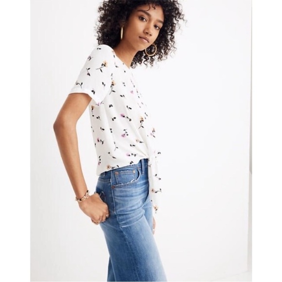 Madewell Button-Back Tie Tee Sweet Blossoms White Floral Cropped J8906 - Picture 2 of 6
